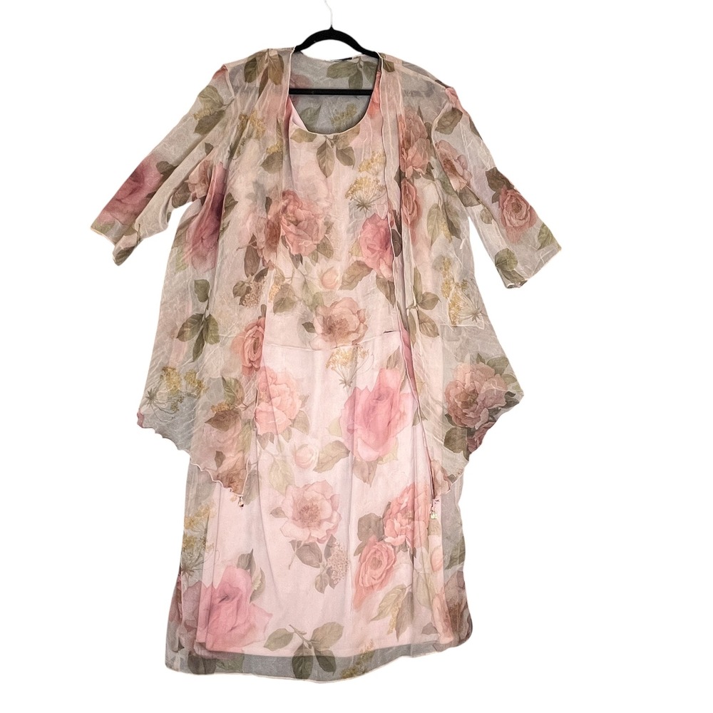 Ursula of Switzerland Dress Jacket Set Sz 18W Cream Pink Floral Formal Wedding